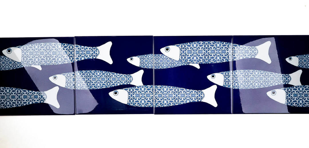 VENTE DEUXIÈME SÉRIE - 4 carreaux de 20cm - Thème banc de poissons océaniques bleu marine