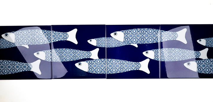 VENTE DEUXIÈME SÉRIE - 4 carreaux de 20cm - Thème banc de poissons océaniques bleu marine