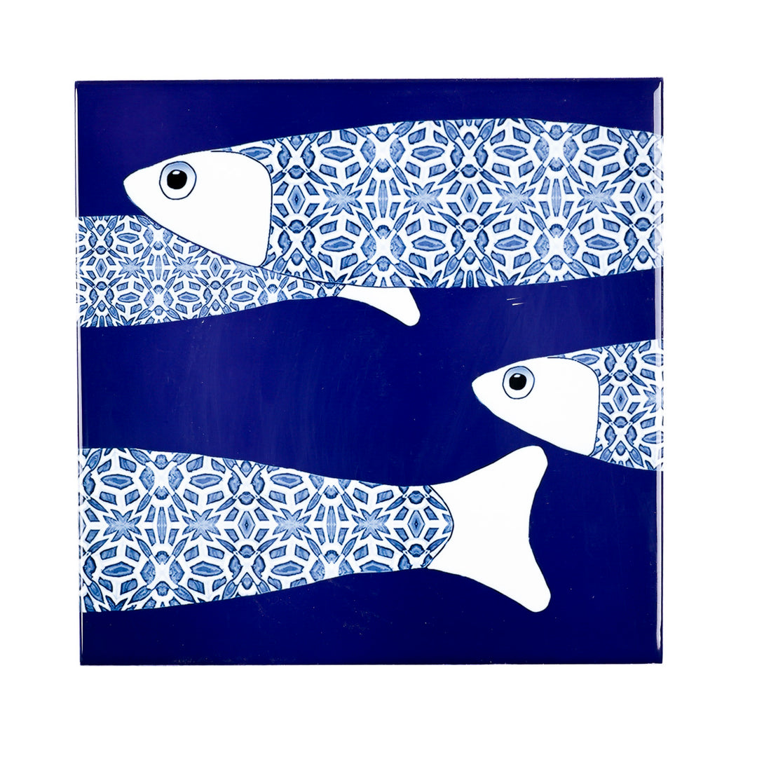 VENTE DEUXIÈME SÉRIE - 4 carreaux de 20cm - Thème banc de poissons océaniques bleu marine