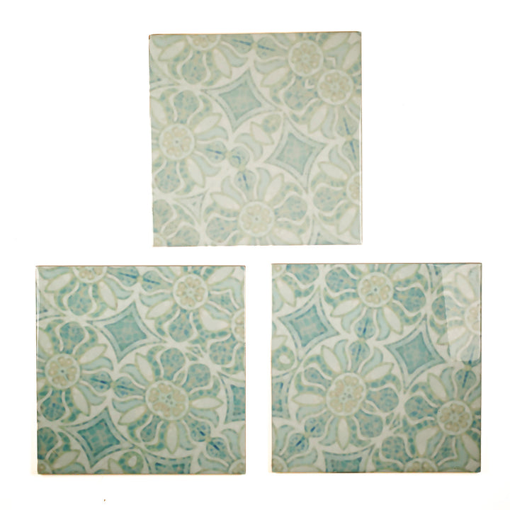 SALE SECONDS: Set of 3 x 20cm tiles - Hazy Aqua Pomegranate design