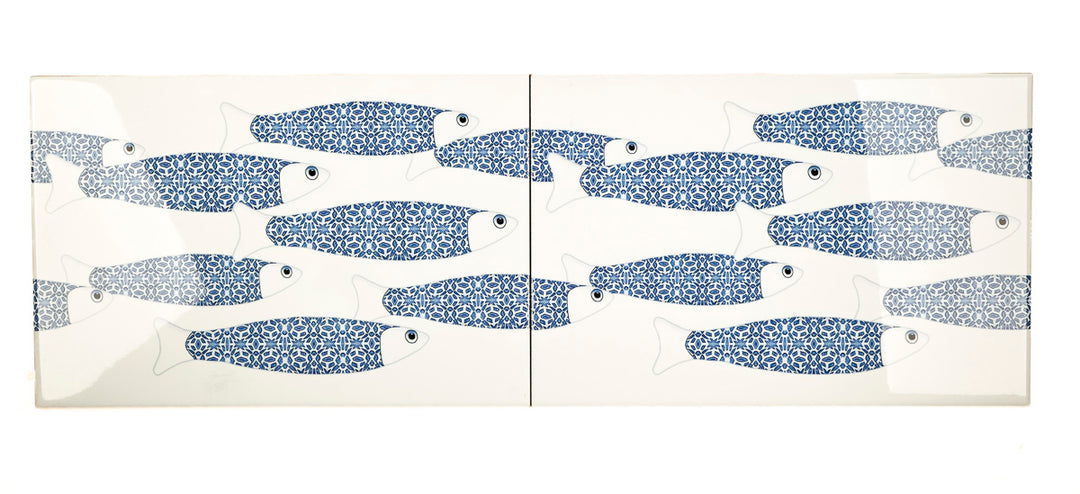 PROMOTION - 1 x Banc de poissons océan bleu sur blanc - Carreau rectangulaire - 30x20cm