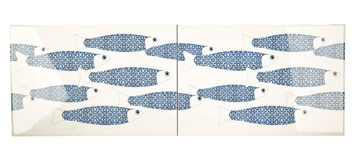 PROMOTION - 1 x Banc de poissons océan bleu sur blanc - Carreau rectangulaire - 30x20cm