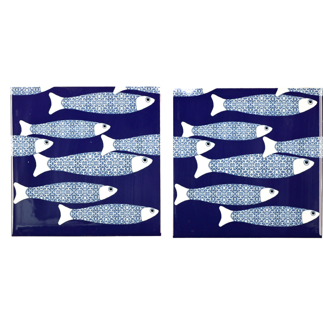 SALE SECONDS - SET of 2 x 15.2cm Navy blue ocean shoal (border version)