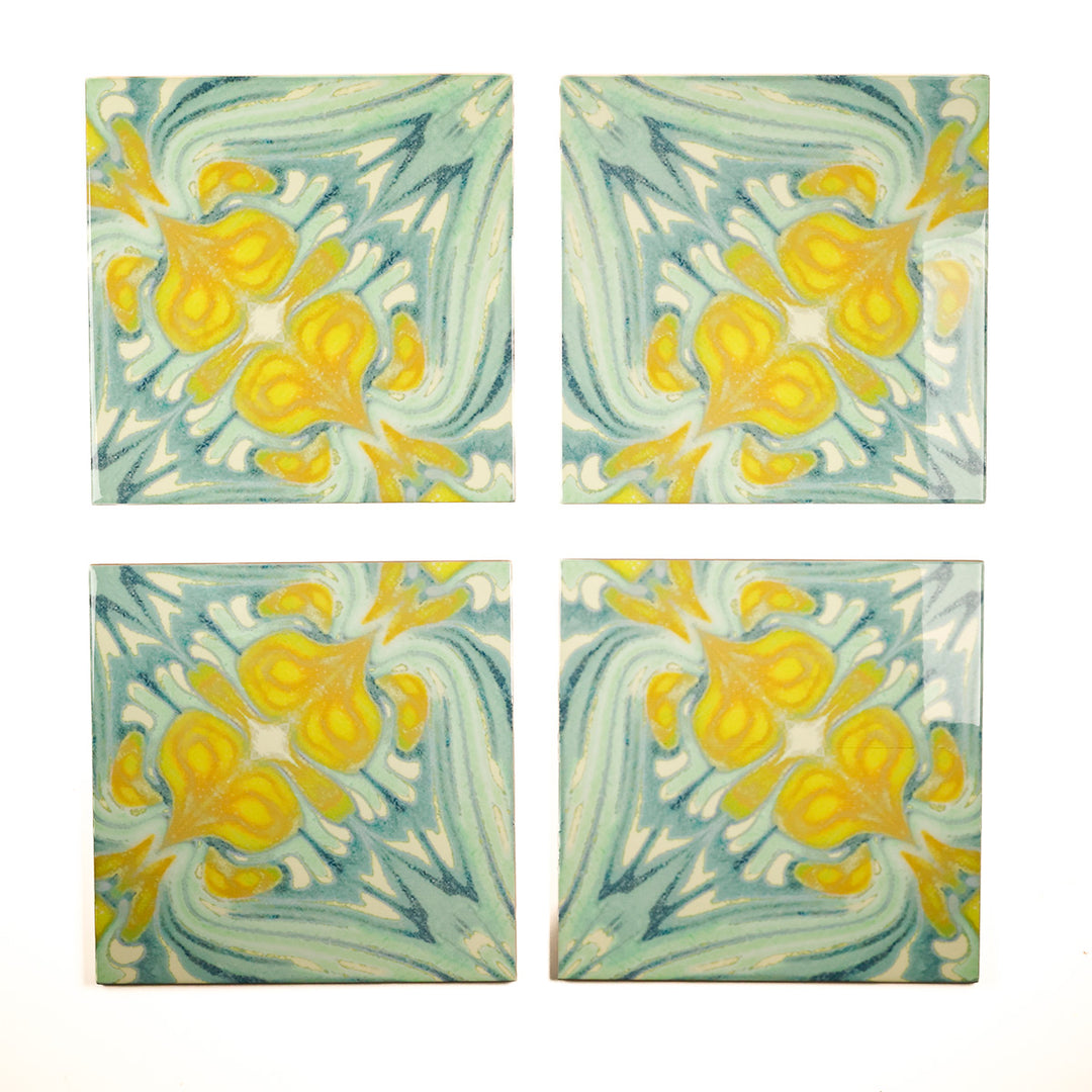 Carreaux botaniques vintage vert-jaune - Grande échelle