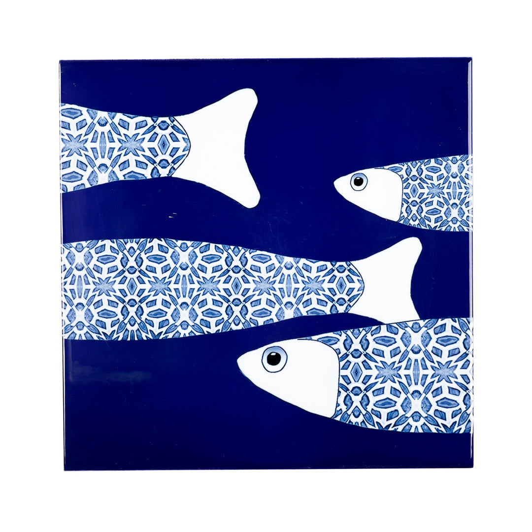 VENTE DEUXIÈME SÉRIE - 4 carreaux de 20cm - Thème banc de poissons océaniques bleu marine