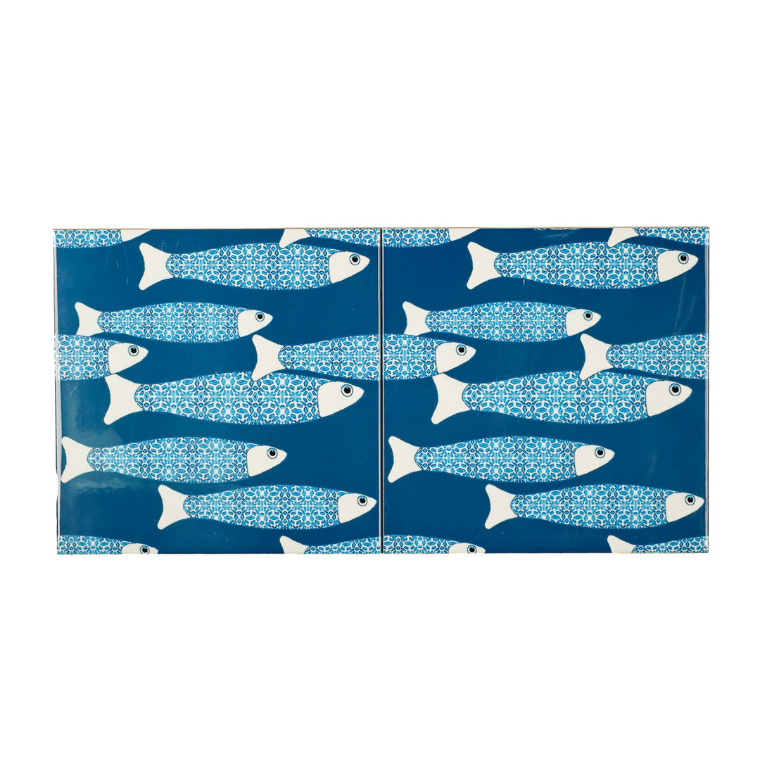 ENSEMBLE LOT SECONDES de 3 carreaux 20cm bleu marine motif Banc de Poissons