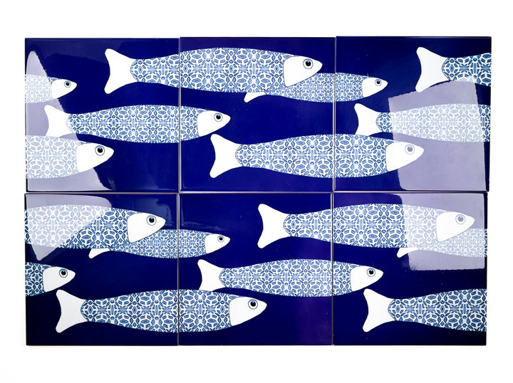 VENTE DEUXIÈME SÉRIE - 4 carreaux de 20cm - Thème banc de poissons océaniques bleu marine
