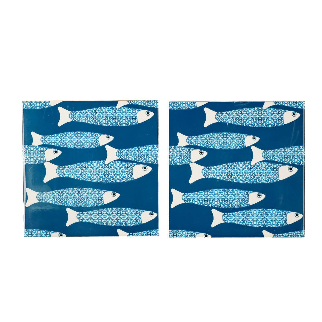 ENSEMBLE LOT SECONDES de 3 carreaux 20cm bleu marine motif Banc de Poissons