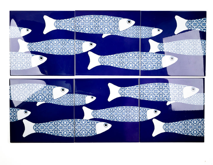 VENTE DEUXIÈME SÉRIE - 4 carreaux de 20cm - Thème banc de poissons océaniques bleu marine