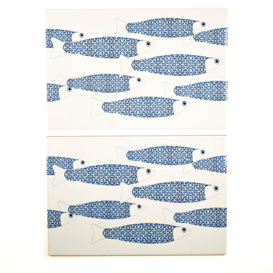 PROMOTION - 1 x Banc de poissons océan bleu sur blanc - Carreau rectangulaire - 30x20cm