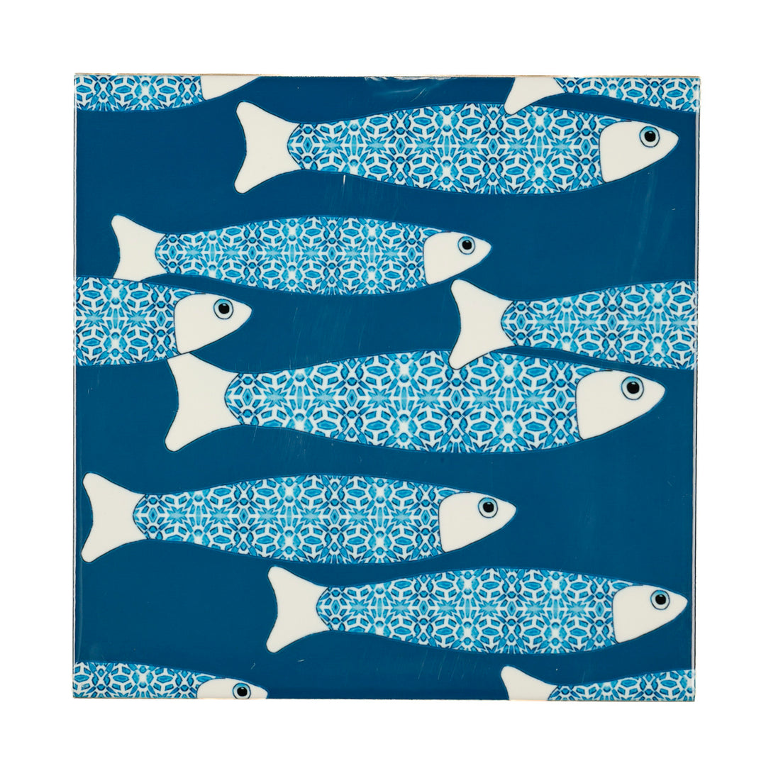 ENSEMBLE LOT SECONDES de 3 carreaux 20cm bleu marine motif Banc de Poissons