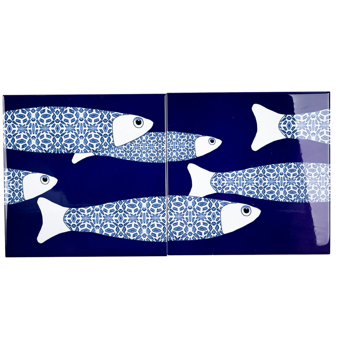 VENTE DEUXIÈME SÉRIE - 4 carreaux de 20cm - Thème banc de poissons océaniques bleu marine
