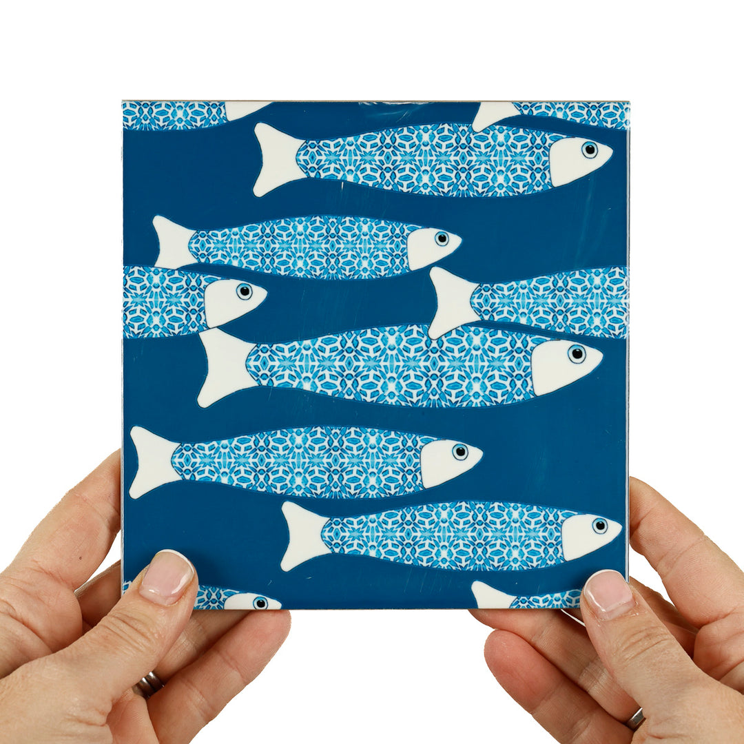 ENSEMBLE LOT SECONDES de 3 carreaux 20cm bleu marine motif Banc de Poissons