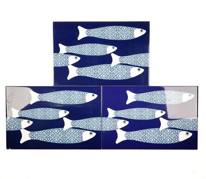 SOLDES SECONDES - 5x Bleu marine banc de poissons - Version bordure - Grands carreaux rectangulaires - 30x20cm