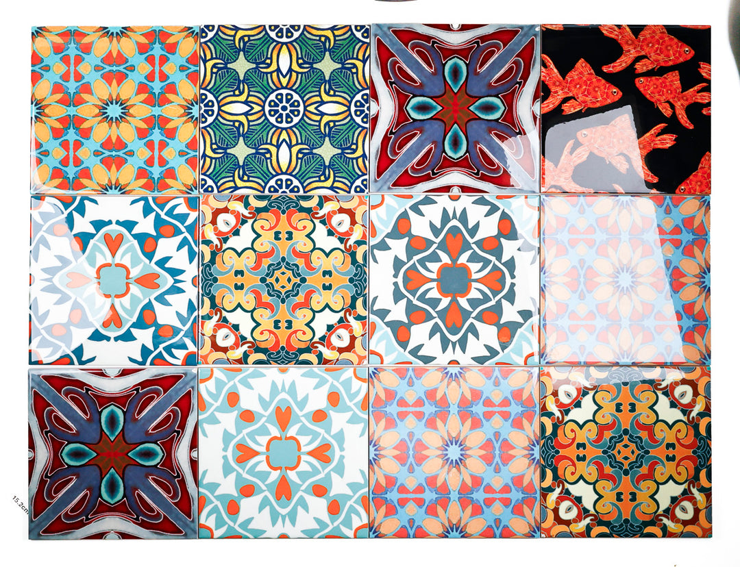 SALE SECOND SET of 12 x 15.2cm - Mixed Design Tiles (orange/red)