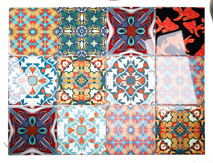 SALE SECOND SET of 12 x 15.2cm - Mixed Design Tiles (orange/red)
