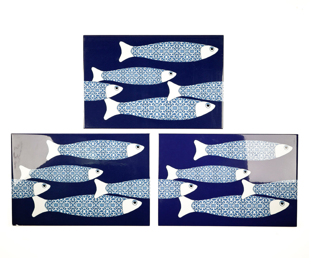 SOLDES SECONDES - 5x Bleu marine banc de poissons - Version bordure - Grands carreaux rectangulaires - 30x20cm