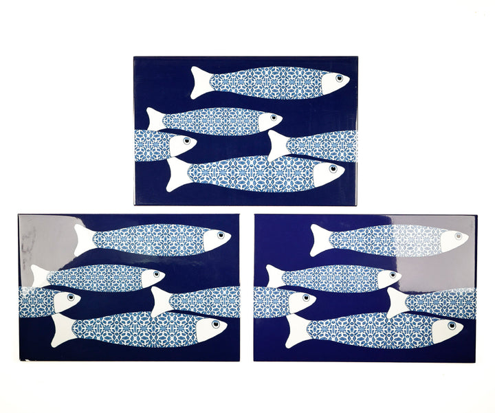 SOLDES SECONDES - 5x Bleu marine banc de poissons - Version bordure - Grands carreaux rectangulaires - 30x20cm