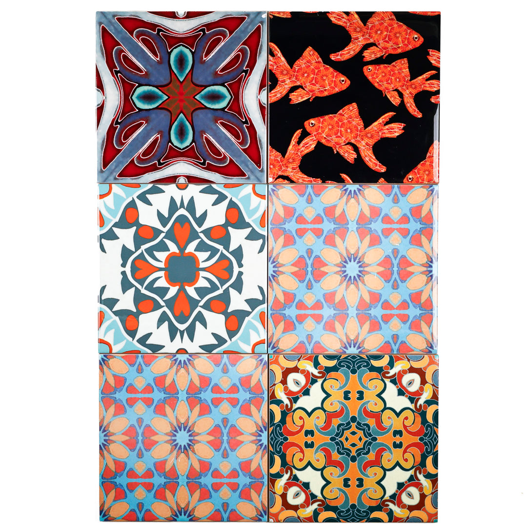 SALE SECOND SET of 12 x 15.2cm - Mixed Design Tiles (orange/red)