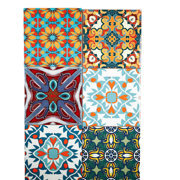 SALE SECOND SET of 12 x 15.2cm - Mixed Design Tiles (orange/red)