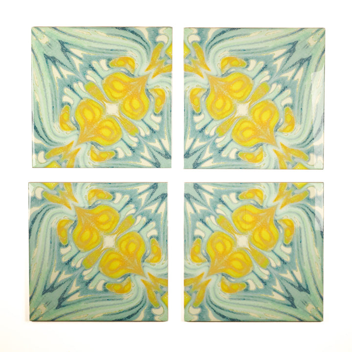 Carreaux botaniques vintage vert-jaune - Grande échelle