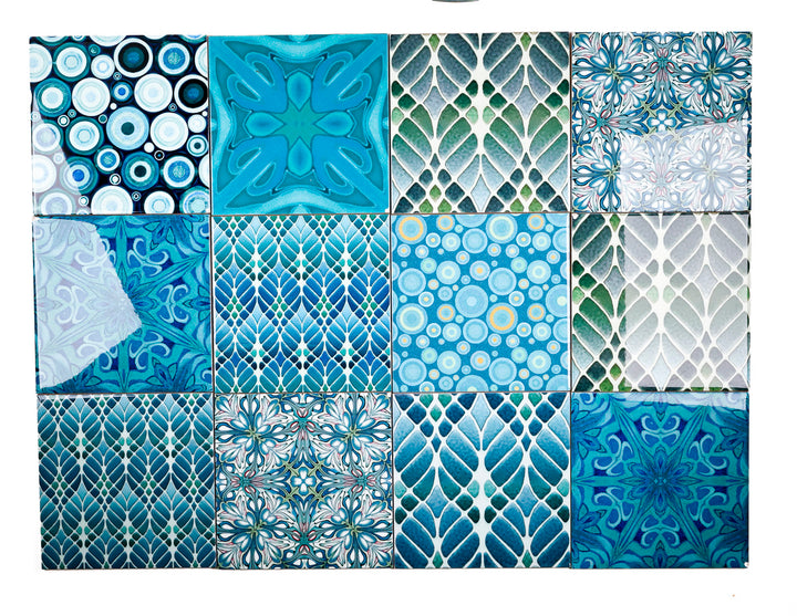 SALE SECOND SET of 12 x 15.2cm - Mixed Design Tiles (blues/greens)