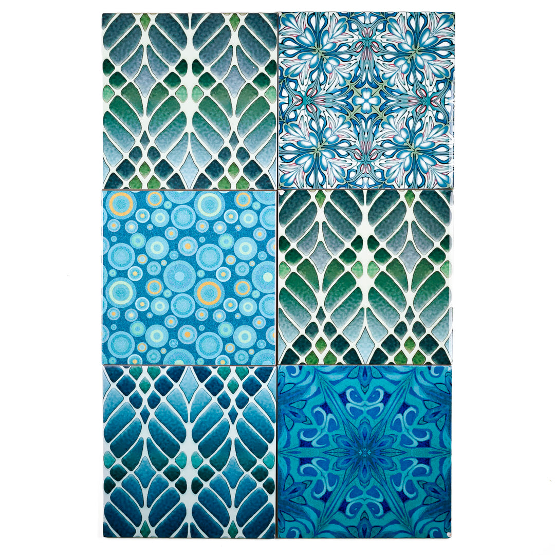 SALE SECOND SET of 12 x 15.2cm - Mixed Design Tiles (blues/greens)