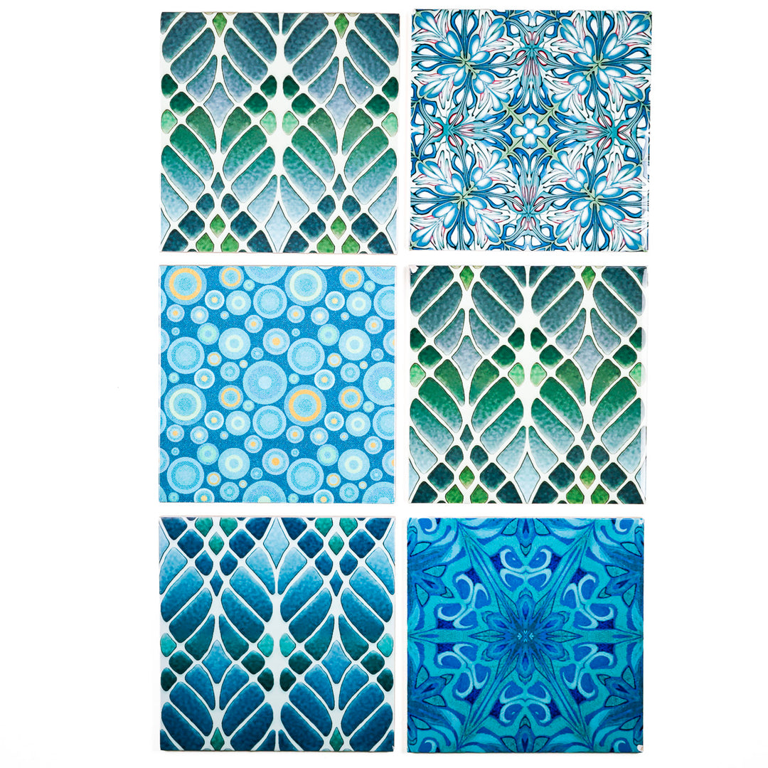 SALE SECOND SET of 12 x 15.2cm - Mixed Design Tiles (blues/greens)