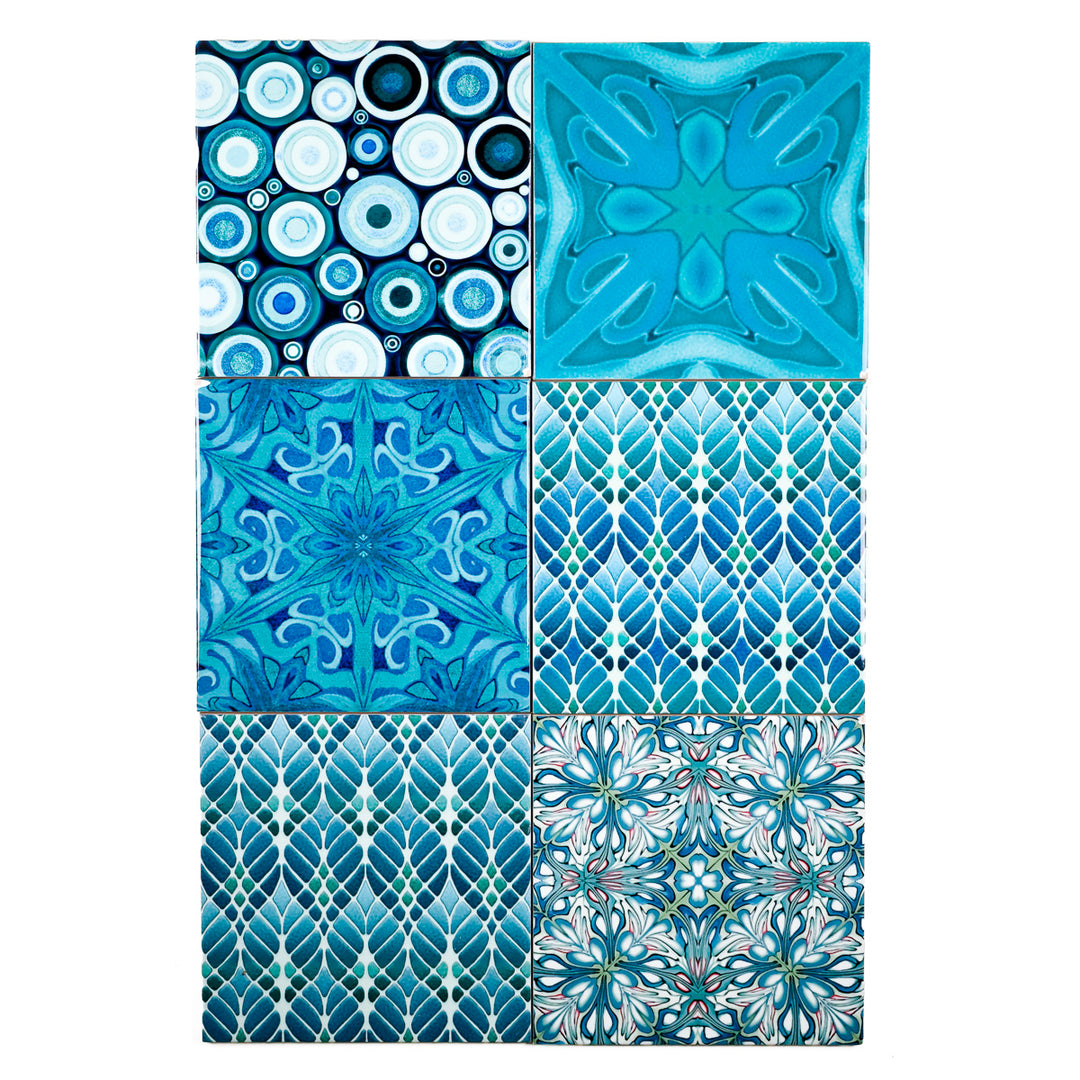 SALE SECOND SET of 12 x 15.2cm - Mixed Design Tiles (blues/greens)