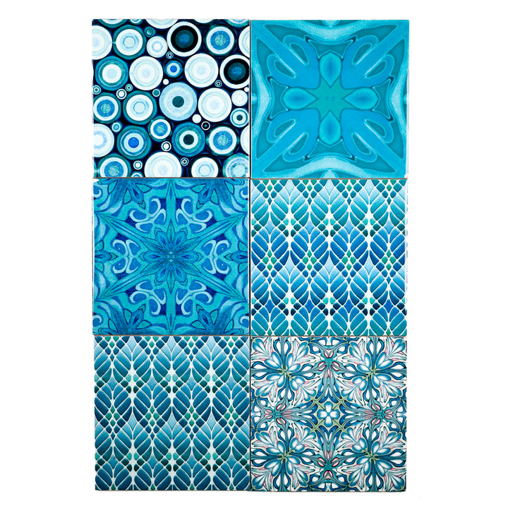 SALE SECOND SET of 12 x 15.2cm - Mixed Design Tiles (blues/greens)