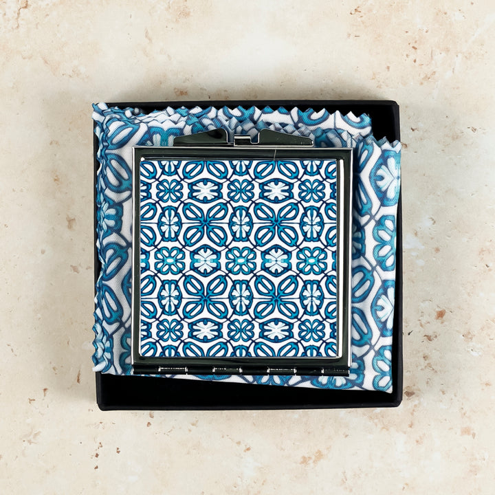 Blue Turkish Flower Compact Folding Mirror