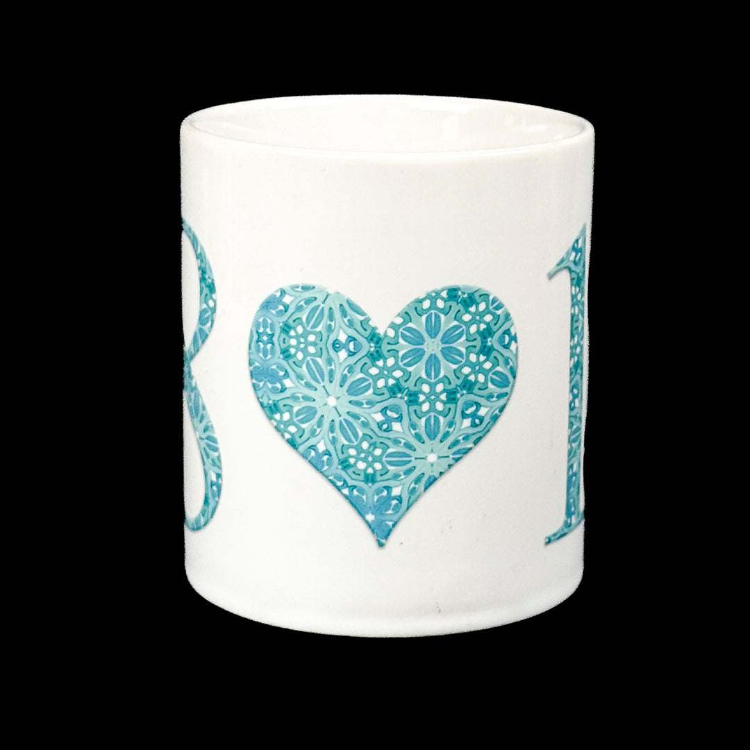 B-WARE - Becher aus Knochenporzellan, abstrakt, marineblau-gelb
