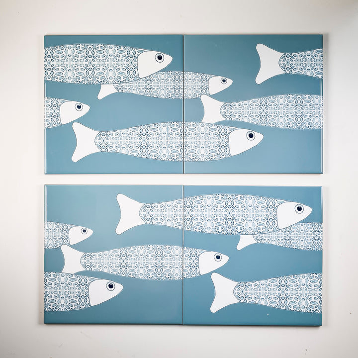 SALE SECONDS SET of 4 x 20cm Grey Ocean Shoal border tiles