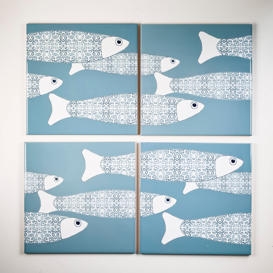 SALE SECONDS SET of 4 x 20cm Grey Ocean Shoal border tiles
