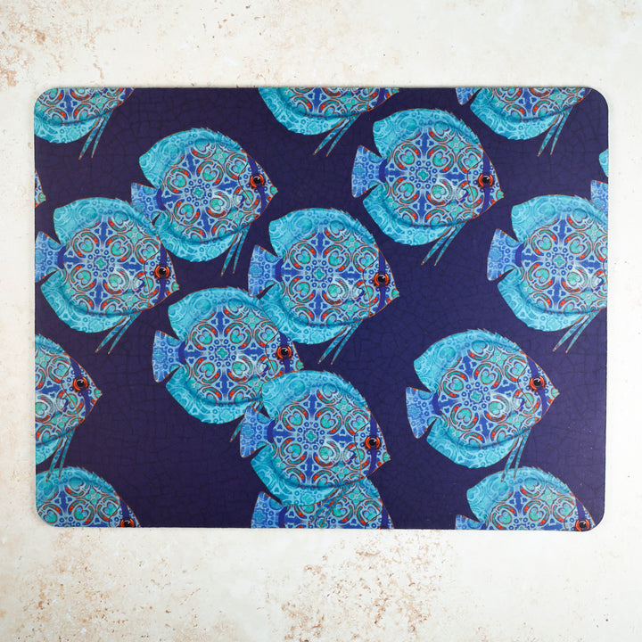 Discus Fish Navy/Turquoise Large Pet Food Mat