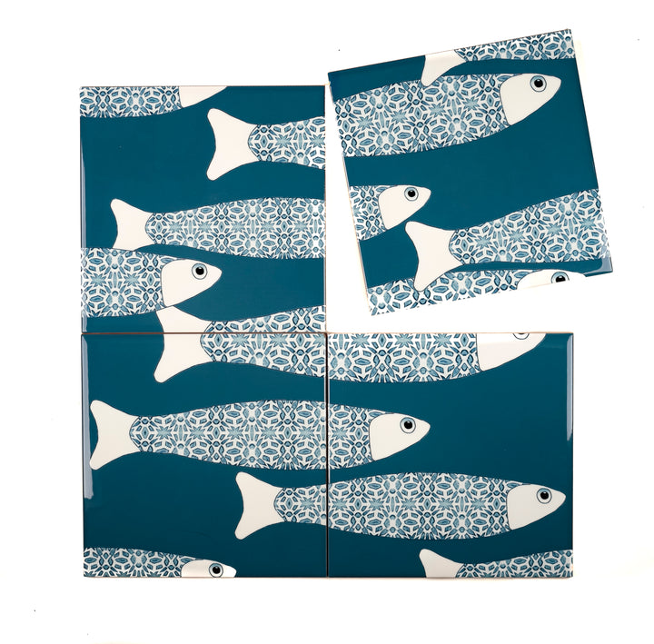 SALE SECOND SET - 4x 20cm Ocean Shoal tiles - Large Scale - Teal