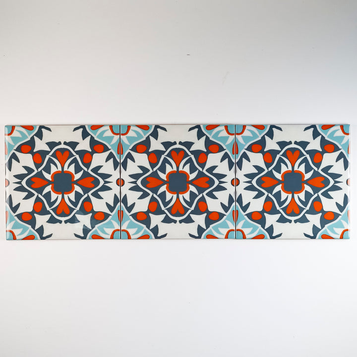 SALE - Set of 3x 15.2cm Aztec Turquoise Orange Tiles