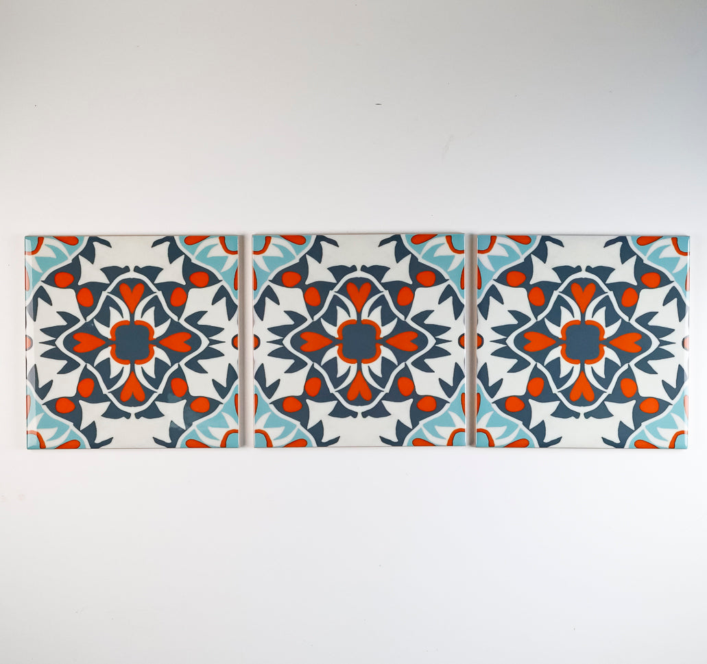 SALE - Set of 3x 15.2cm Aztec Turquoise Orange Tiles