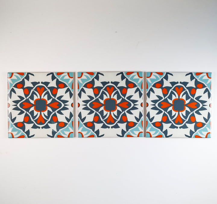 SALE - Set of 3x 15.2cm Aztec Turquoise Orange Tiles