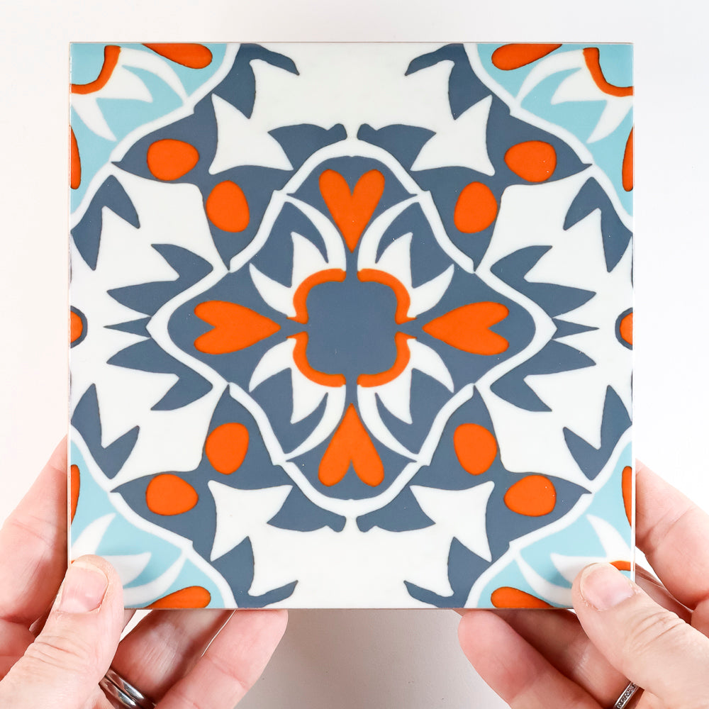 SALE - Set of 3x 15.2cm Aztec Turquoise Orange Tiles