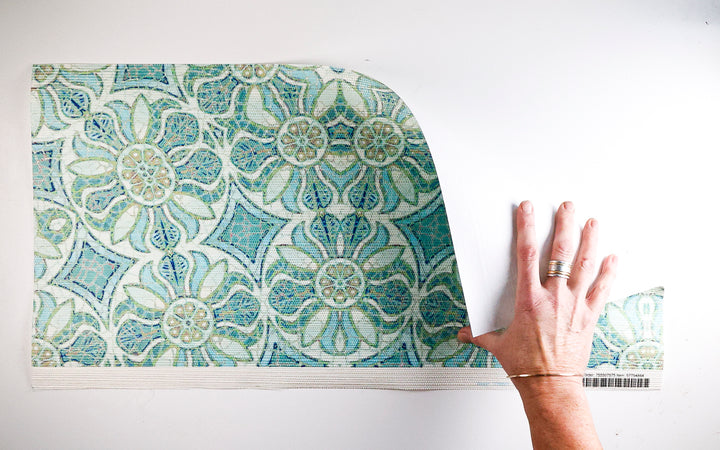 Sale - Aqua Pomegranate - Grasscloth Wallpaper Sample - slight second