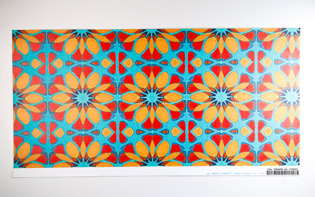 Colorful geometric patterned wallpaper on a white background