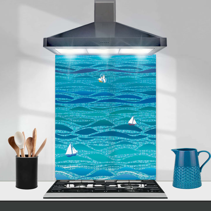Caribbean Sea Kitchen Splashback - Boats &amp; Sea Monster Version