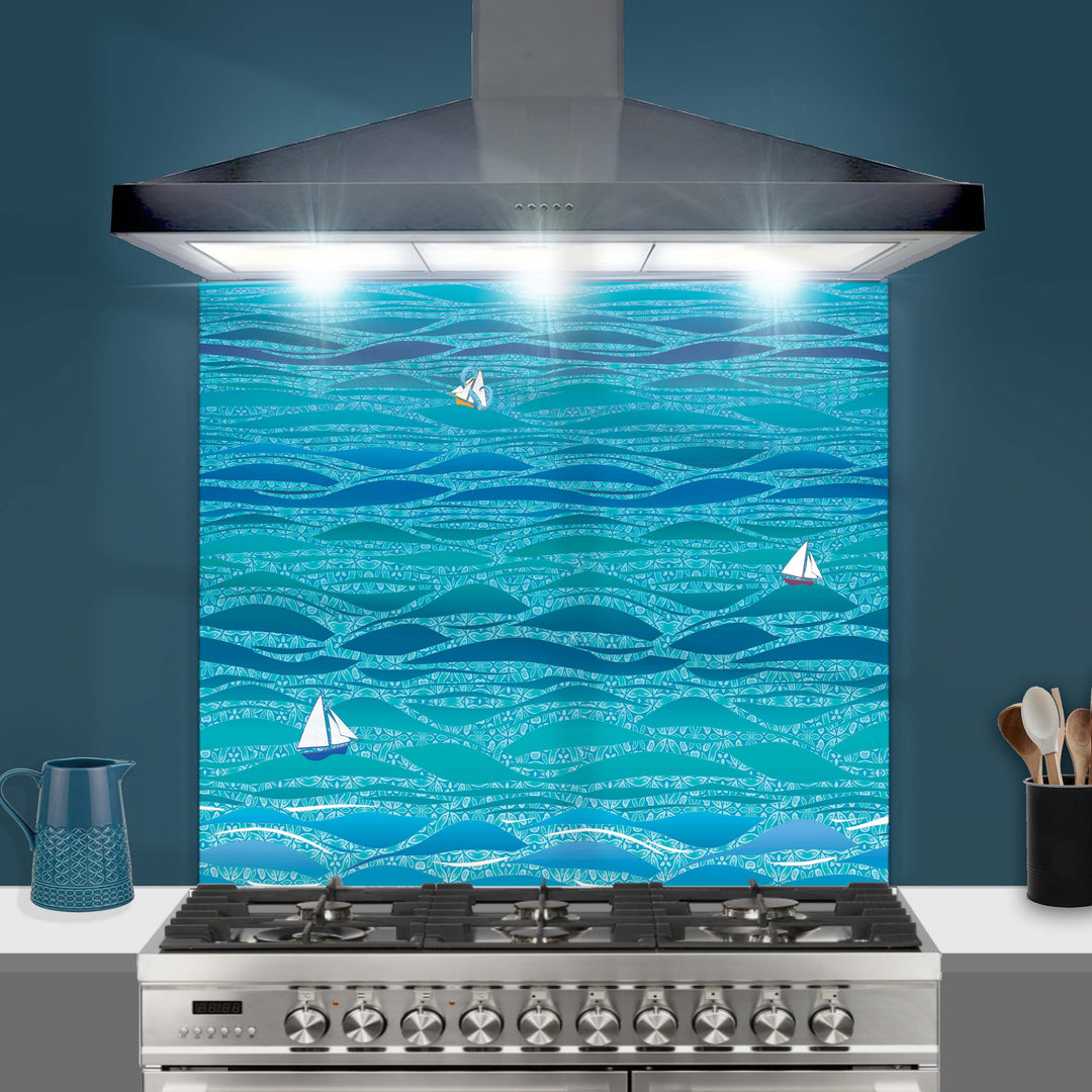 Caribbean Sea Kitchen Splashback - Boats &amp; Sea Monster Version