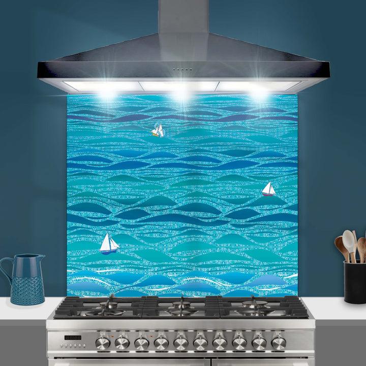 Caribbean Sea Kitchen Splashback - Boats &amp; Sea Monster Version
