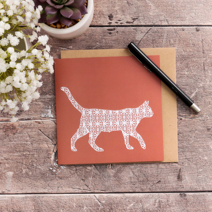 SALE White Cat on Terracotta/Brown Card