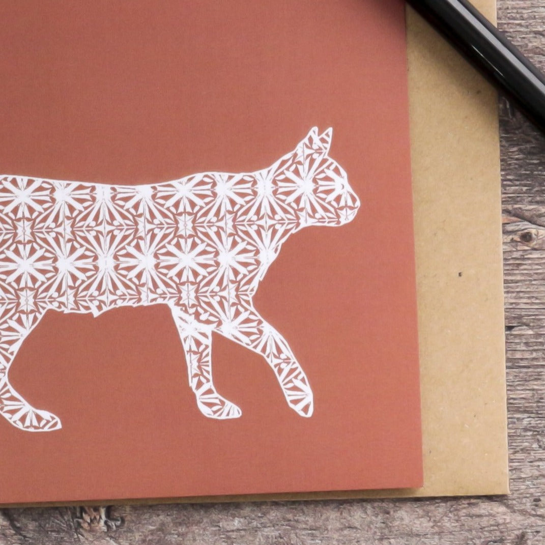 SALE White Cat on Terracotta/Brown Card