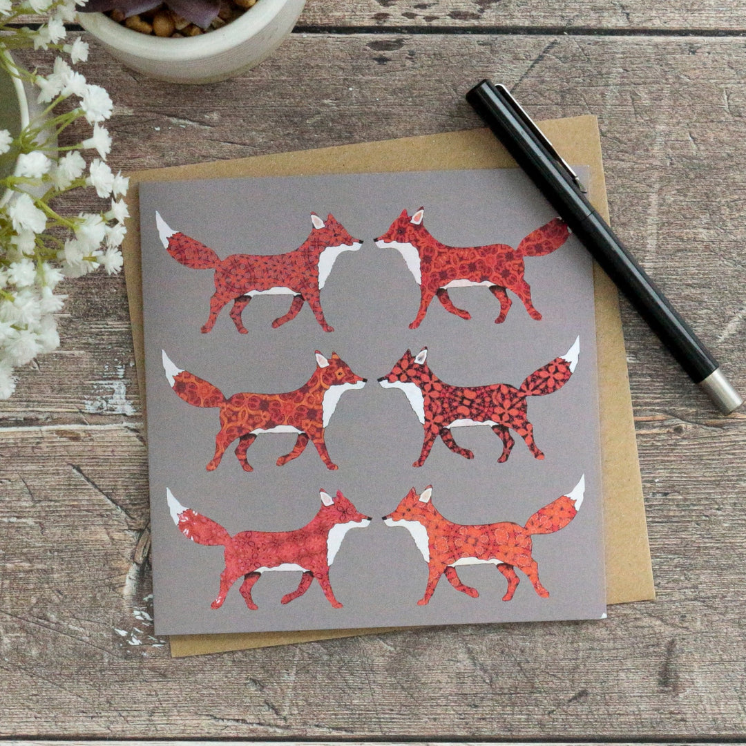 Six Red Foxes Card - Taupe/Grey