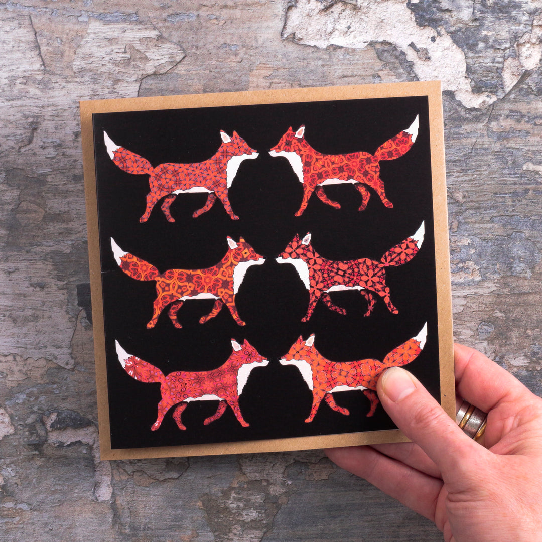 SALE Six Red Foxes on Black Card