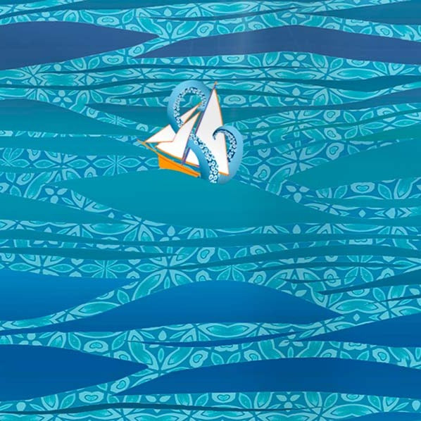 Caribbean Sea Kitchen Splashback - Boats &amp; Sea Monster Version